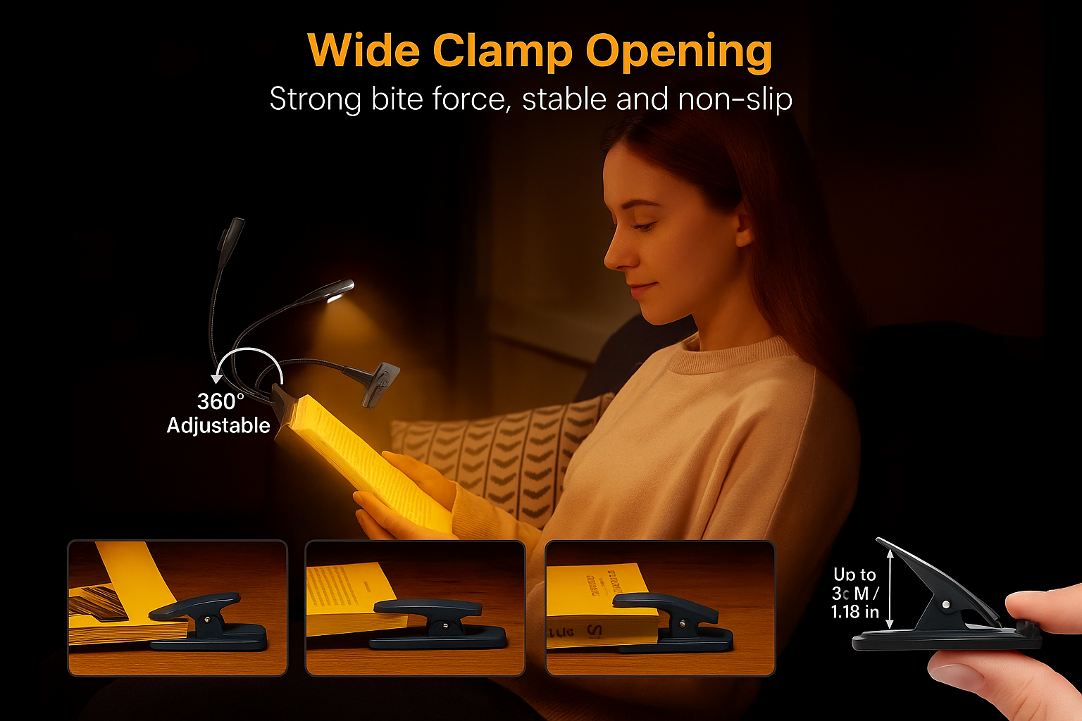 Woman using a reading lamp with wide clamp opening feature, showing adjustable design and strong bite force.
