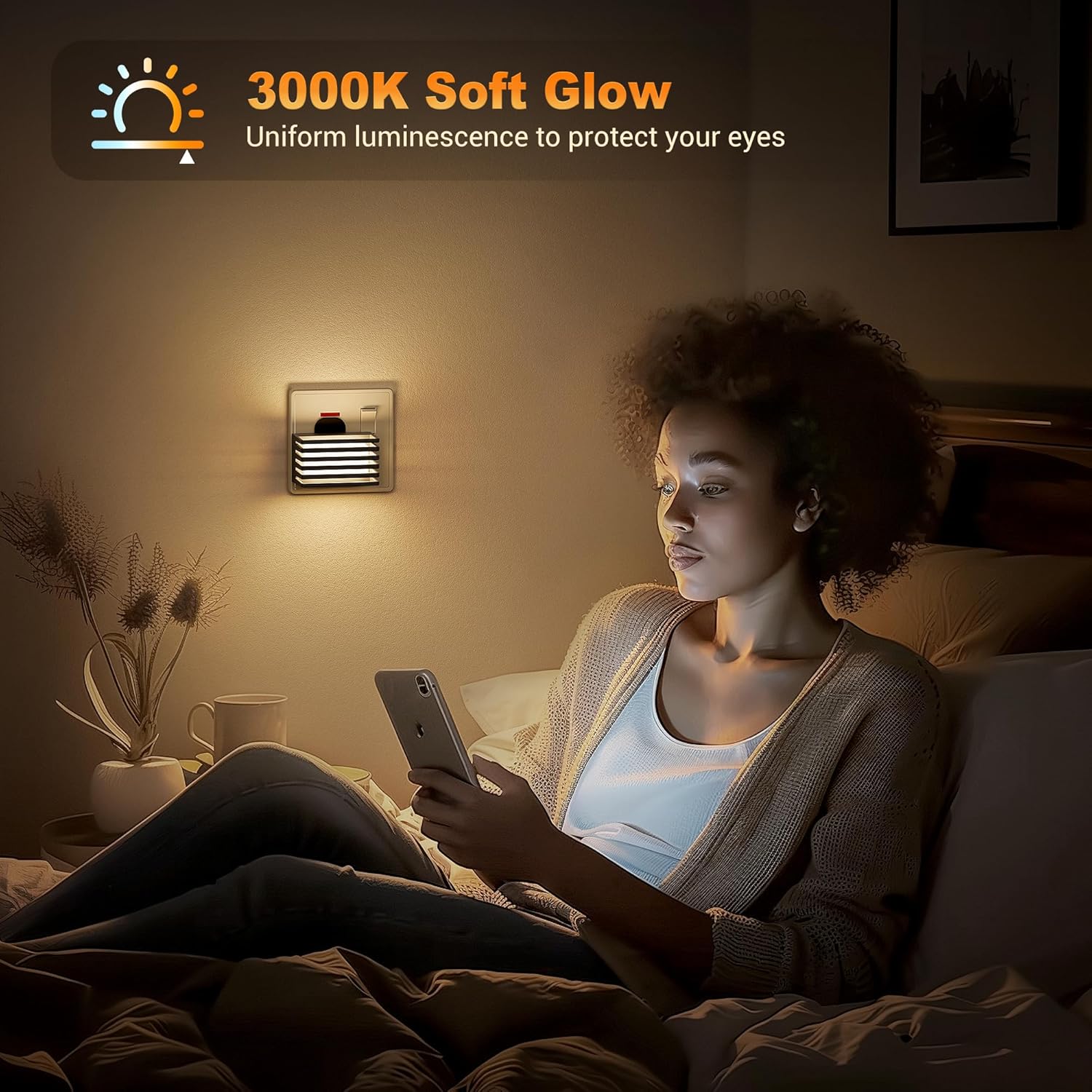 Woman using a smartphone in a dimly lit room with a 3000K soft glow light fixture.