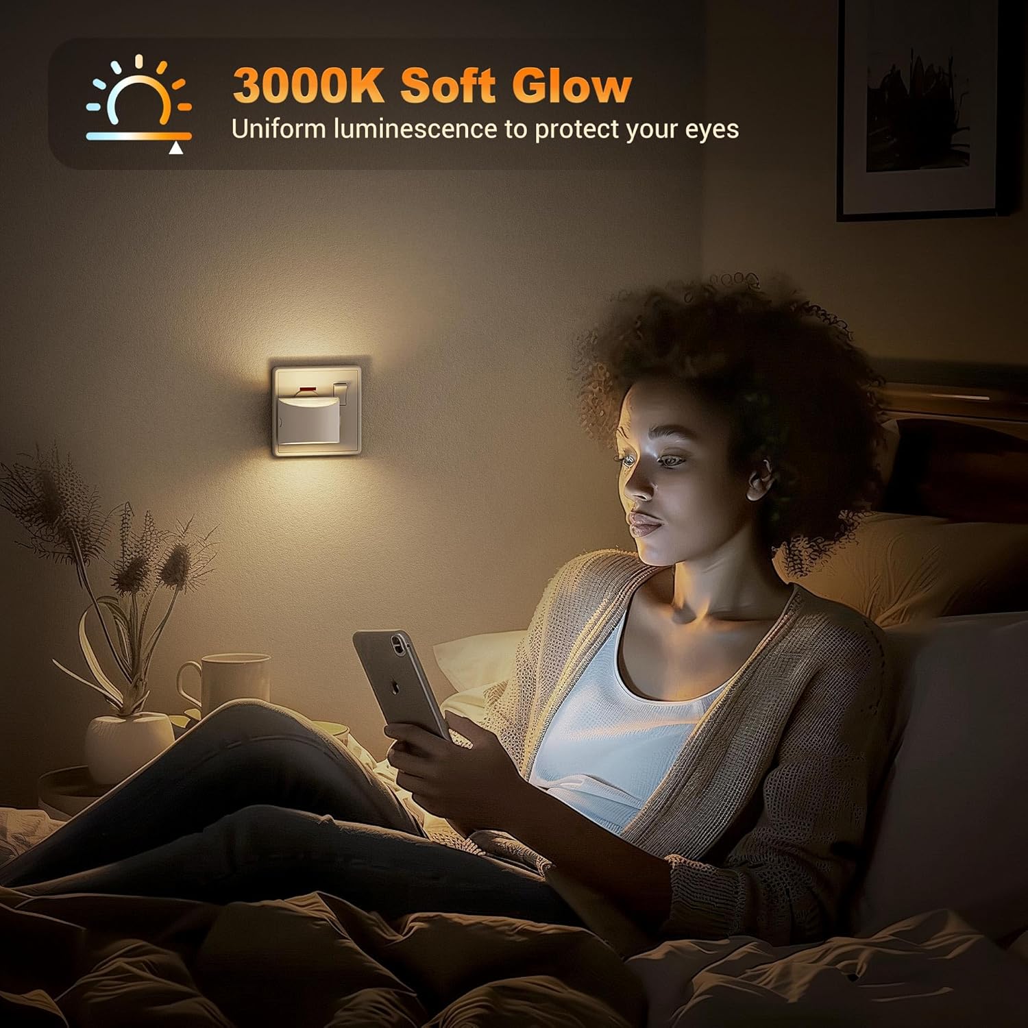 Woman using a smartphone in a dimly lit room with a wall light labeled '3000K Soft Glow'.