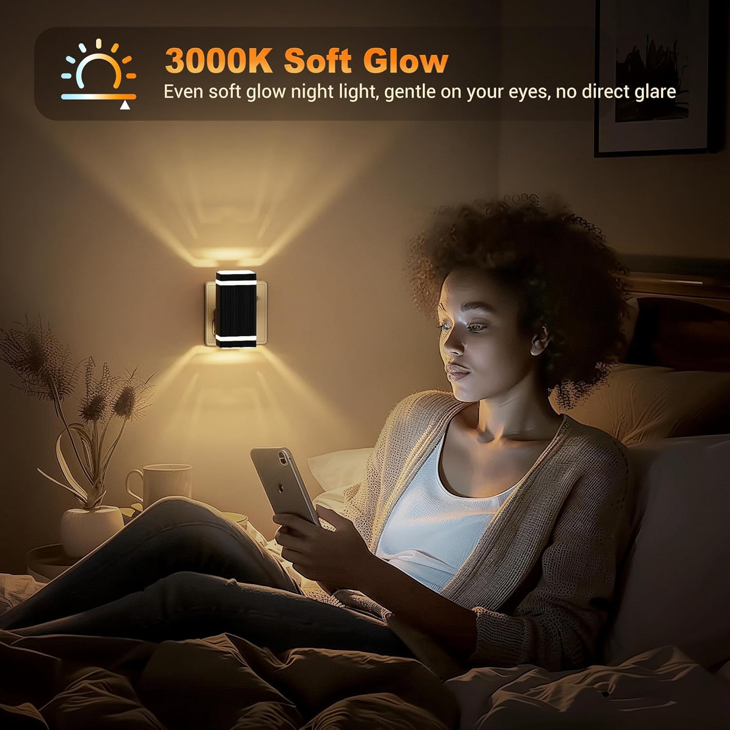Woman using a smartphone in a dimly lit room with a wall light labeled '3000K Soft Glow'.