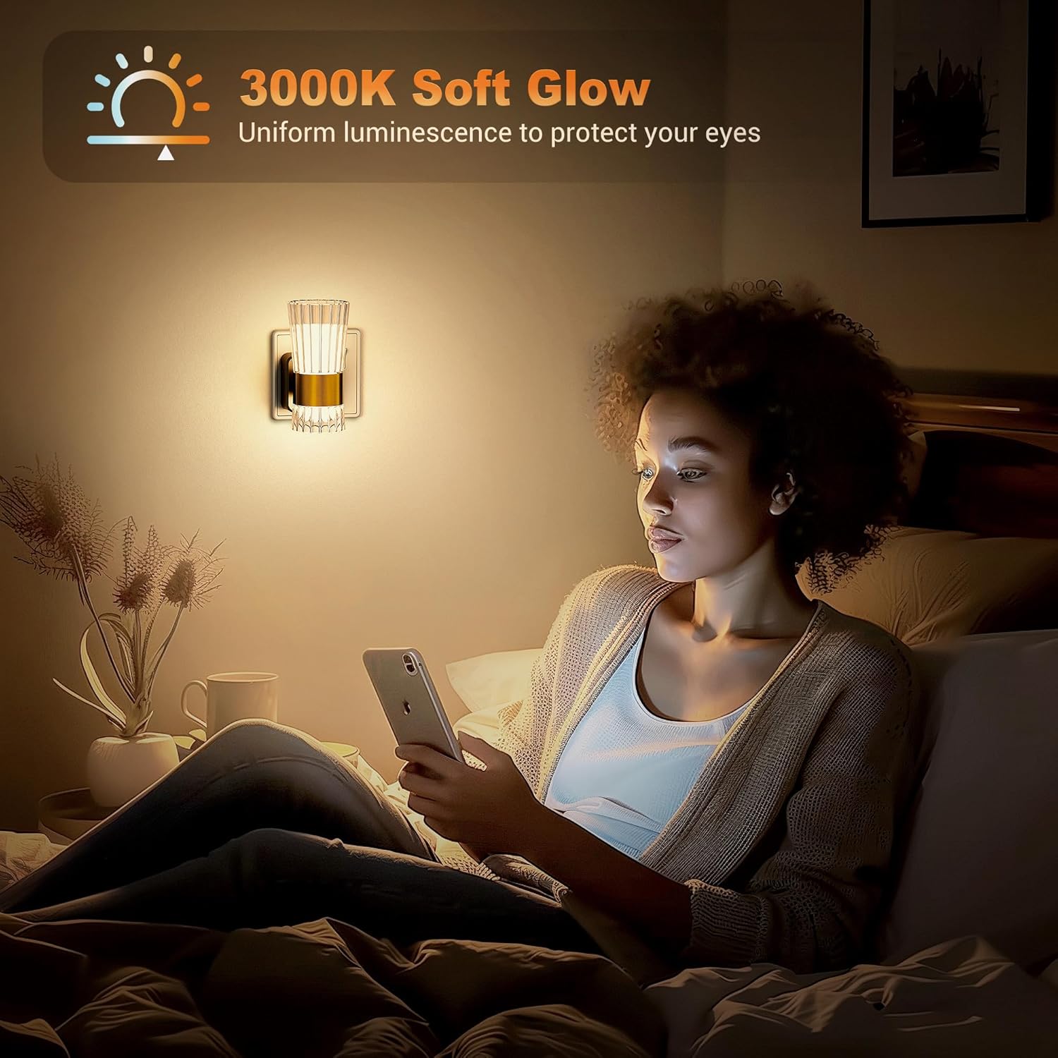 Woman using a smartphone in a dimly lit room with a wall light labeled '3000K Soft Glow'.