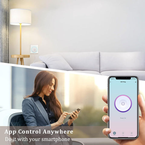 Woman using smartphone with app control feature in a living room setting