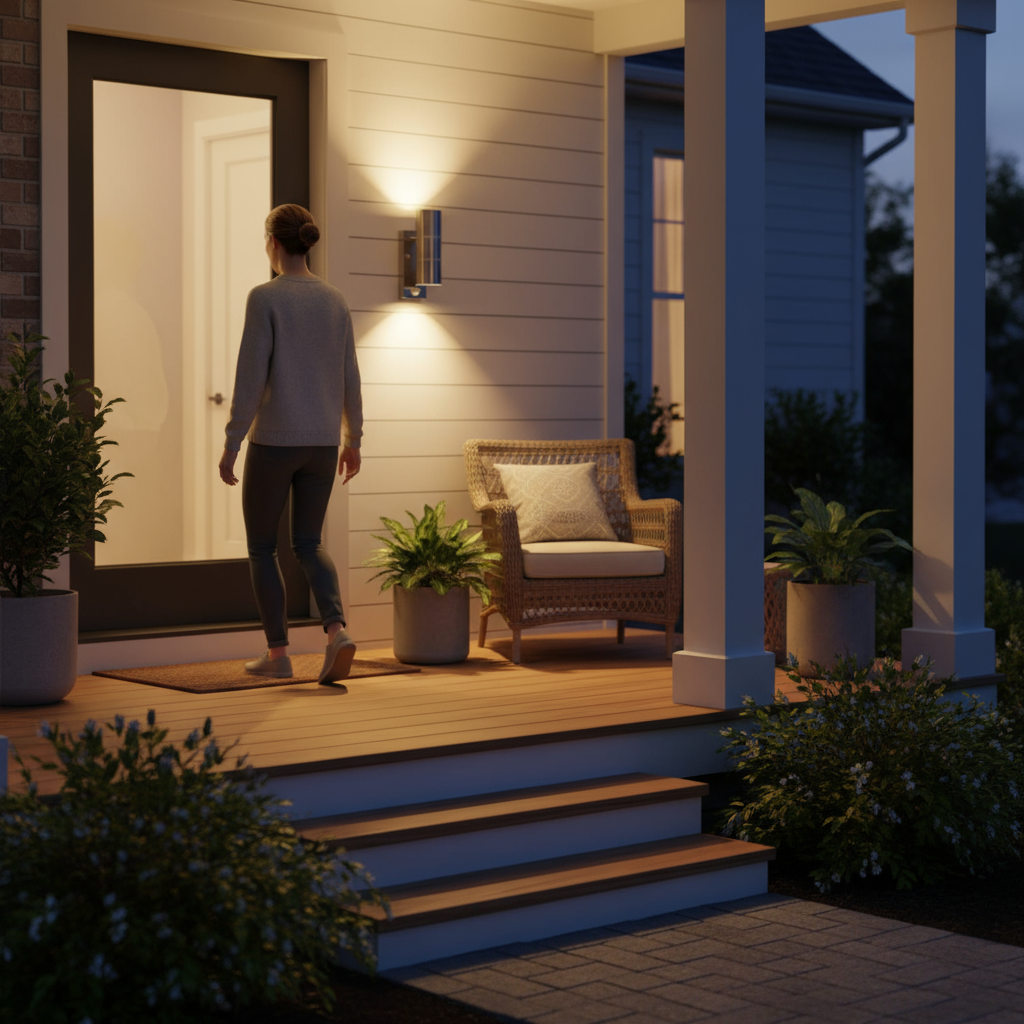 Woman walking onto a porch with a chair and plants at night.