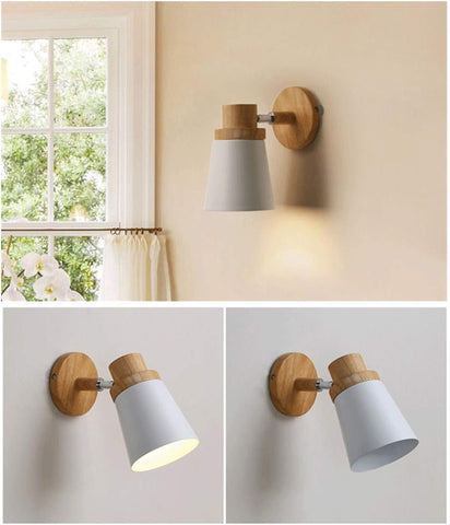  Close-up of the wooden frame and metal base of the E27 sconce lamp
