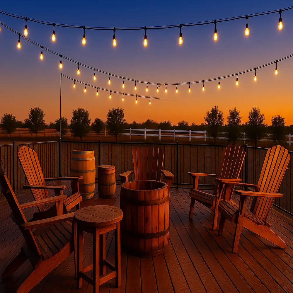 Wooden chairs and barrels on a deck with string lights during sunset.