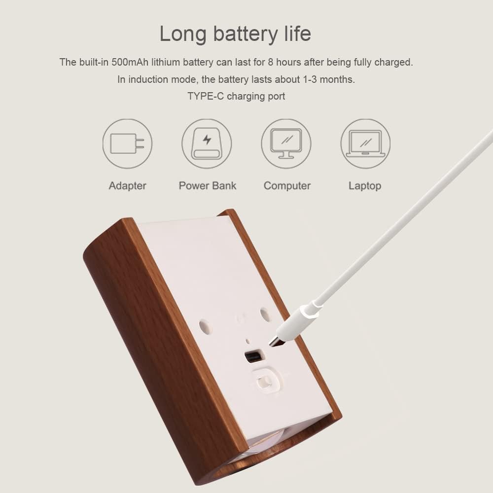 Wooden charging station with cable on a light gray background, featuring text about battery life and compatibility.