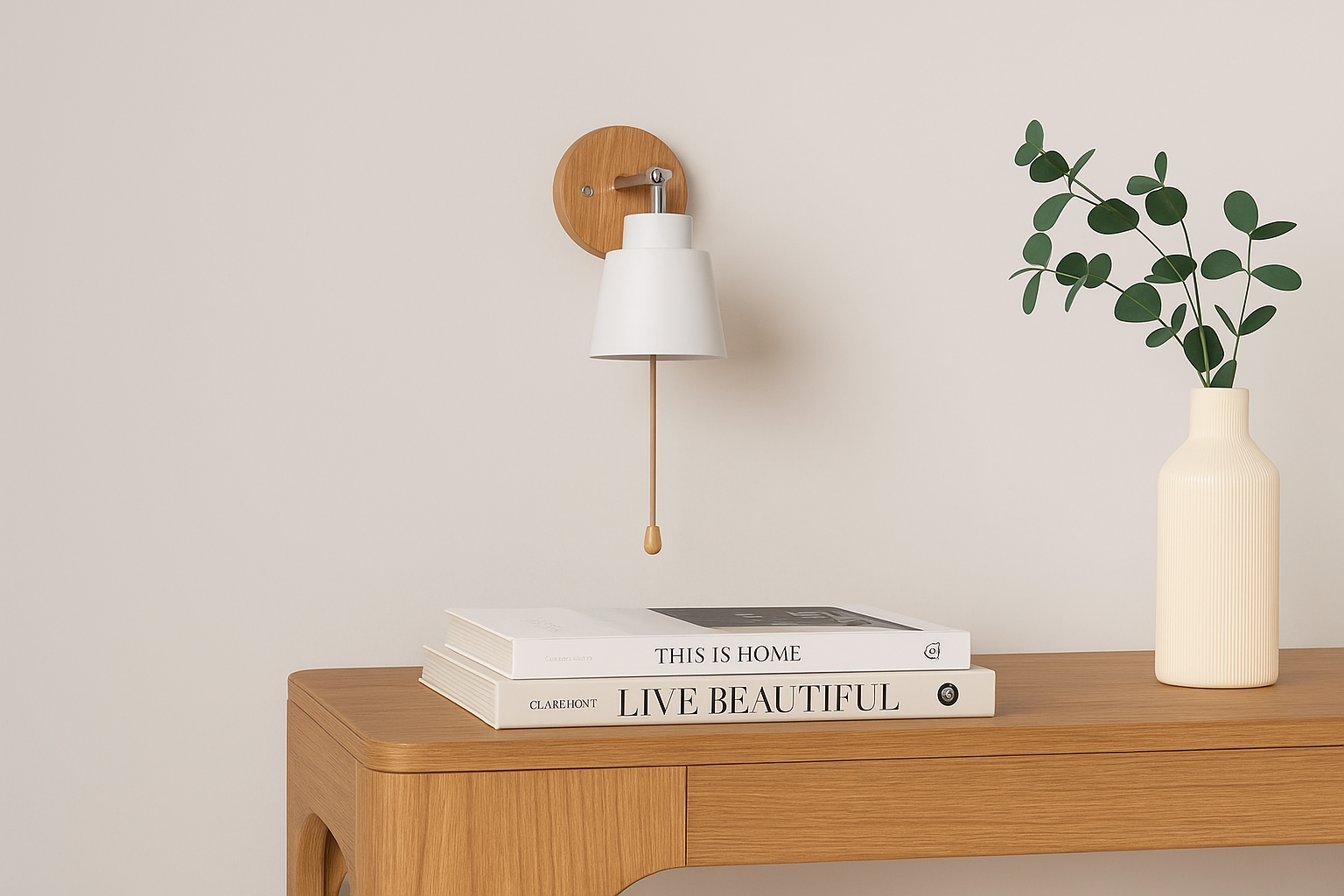 Wooden console table with books, a lamp, and a vase against a plain wall.