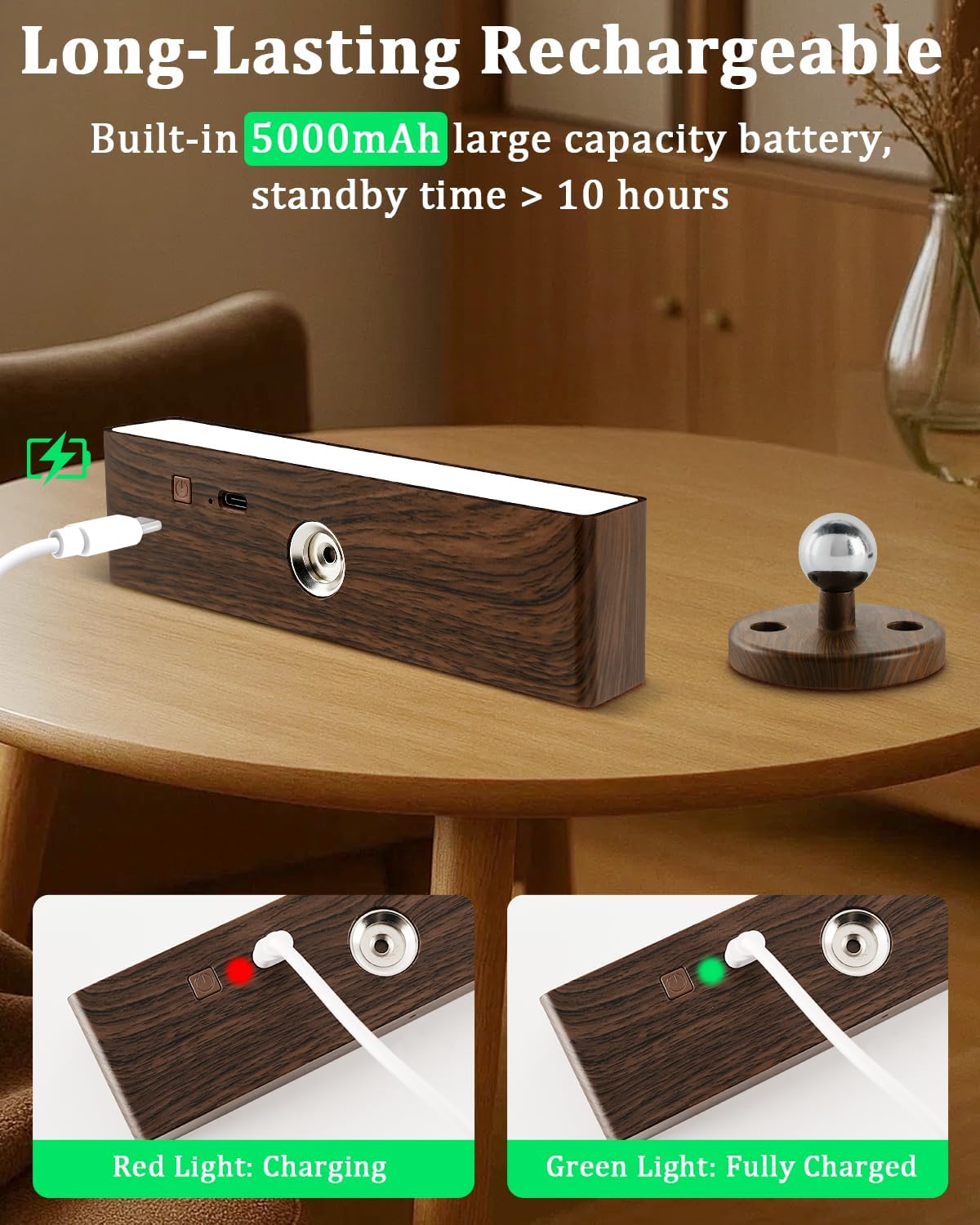 Wooden electronic device with charging indicator lights on a wooden table.