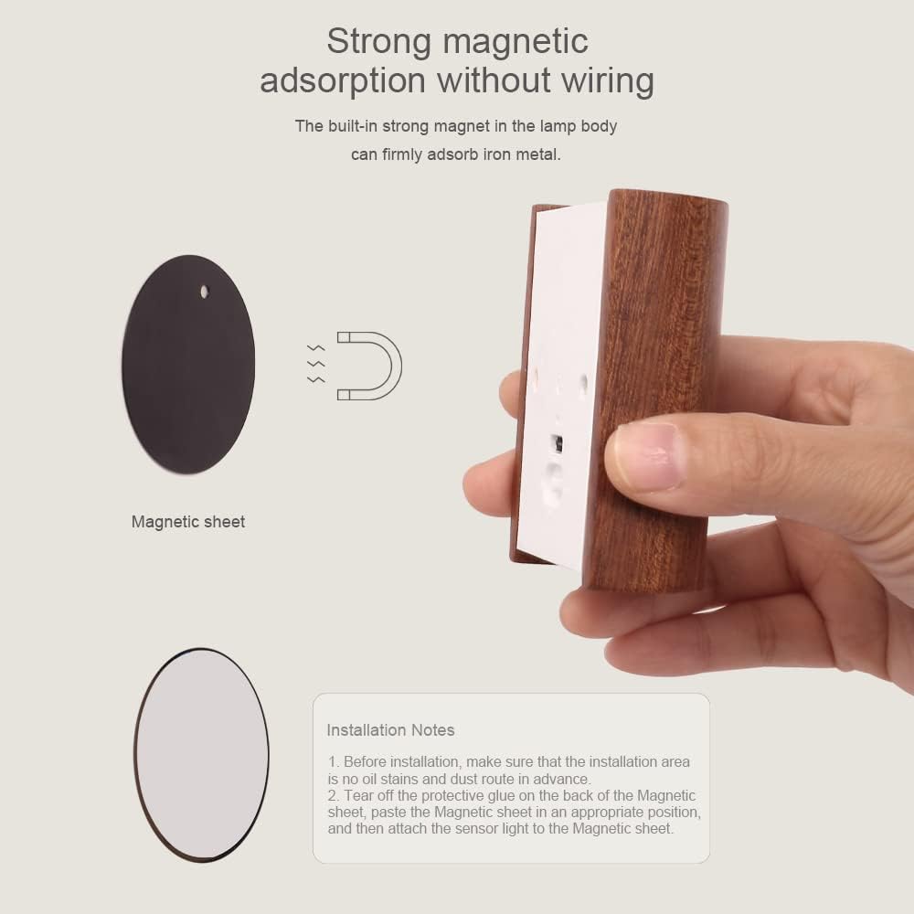 Wooden lamp with magnetic sheet and text explaining strong magnetic adsorption without wiring.