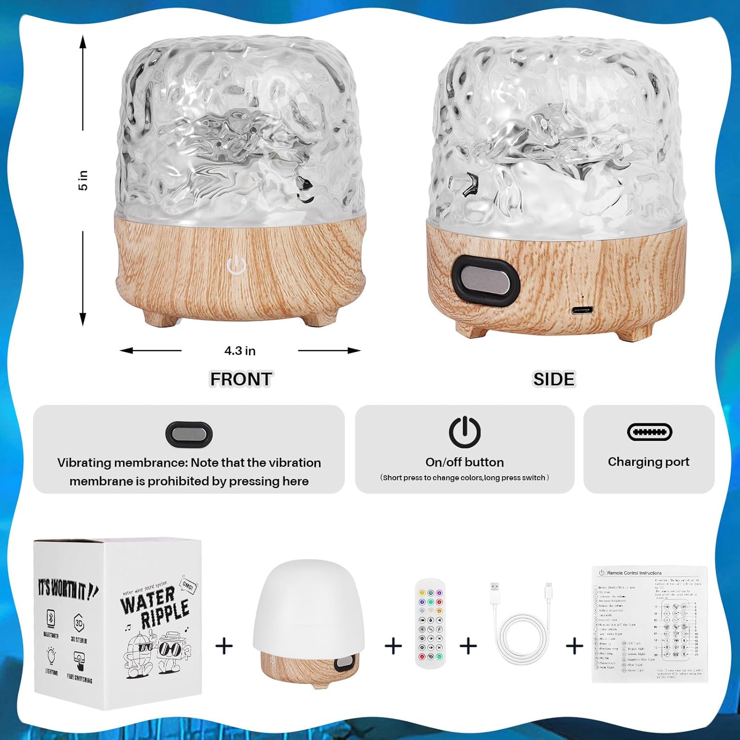 Wooden night light with water ripple design, dimensions, and product packaging displayed.