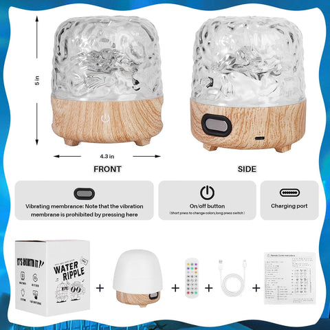 Wooden night light with water ripple design, dimensions, and product packaging displayed.