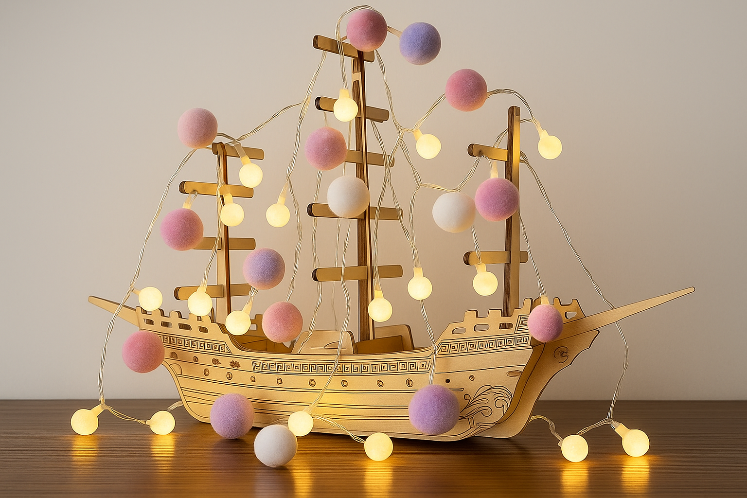 Wooden ship model with string lights and colorful pom-poms on a wooden surface.