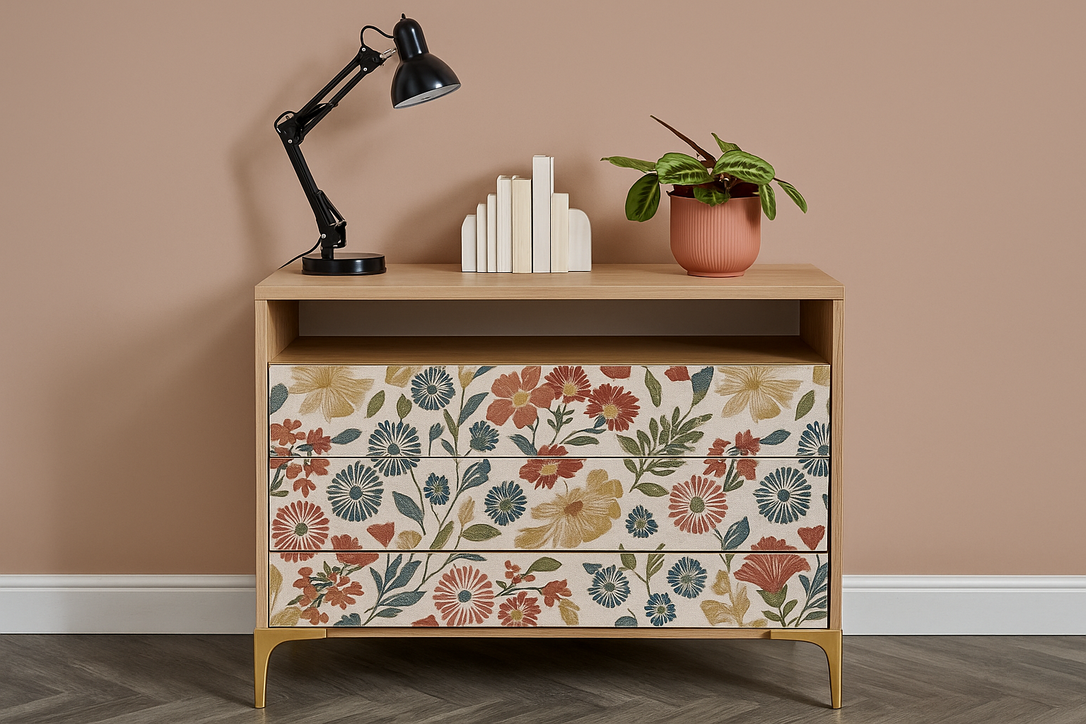 Wooden side table with floral patterned drawer against a beige wall.