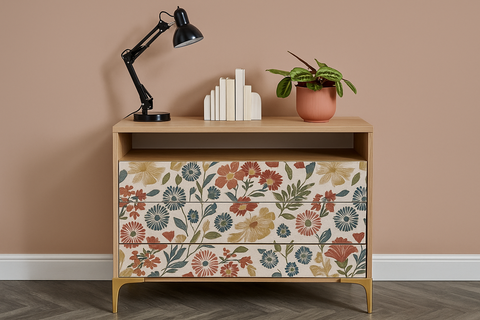Wooden side table with floral patterned drawer against a beige wall.