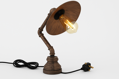 Wooden table lamp with a lit bulb on a white background