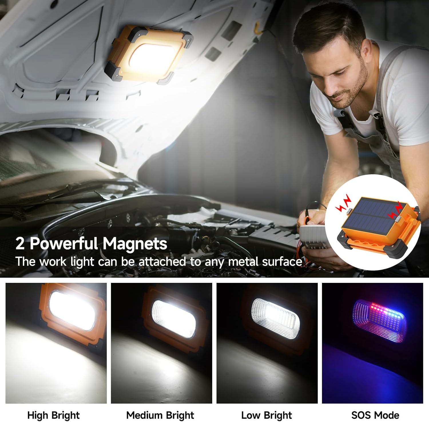 Work light with magnets attached to a car hood, showing different brightness modes.