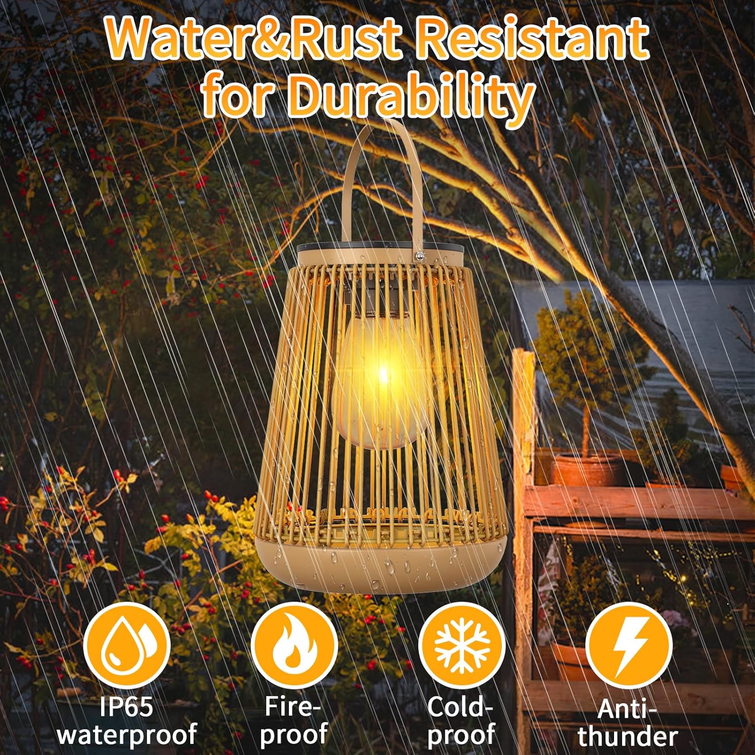 Woven outdoor lantern with raindrops, labeled 'Water & Rust Resistant for Durability' with icons and text.