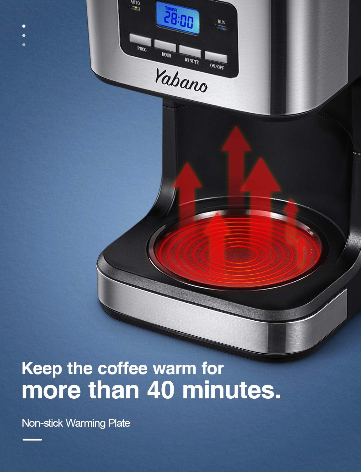 Yabano coffee maker with non-stick warming plate on a blue background