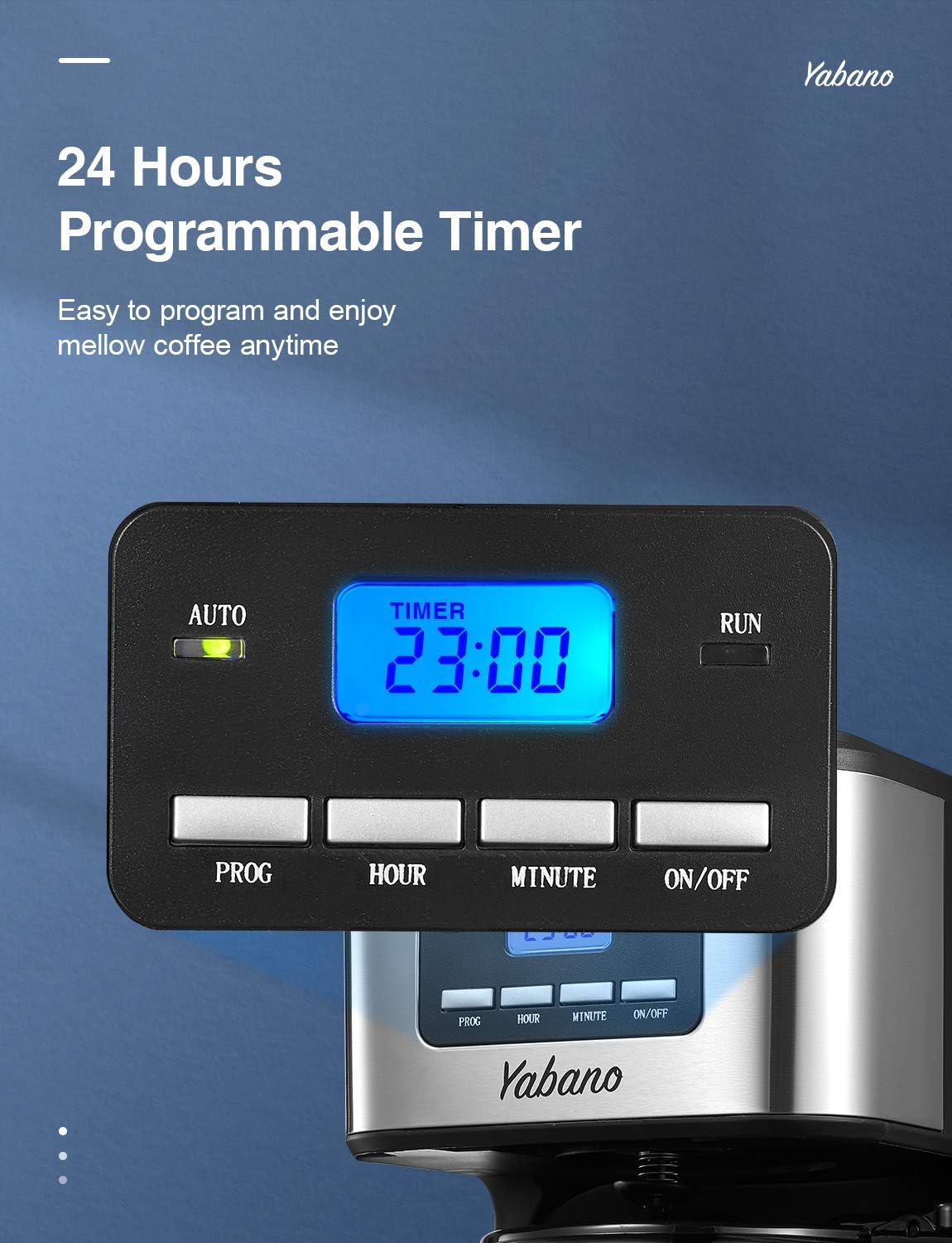 Yabano programmable coffee timer with digital display on a blue background