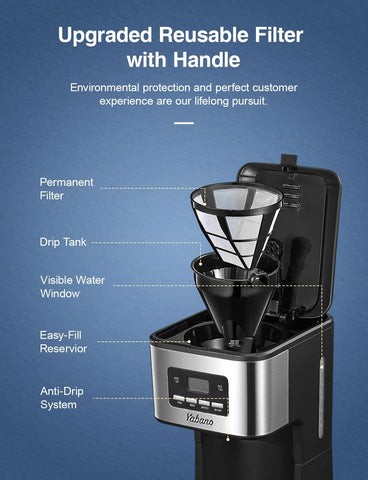 Yabhoo coffee maker with labeled parts on a blue background