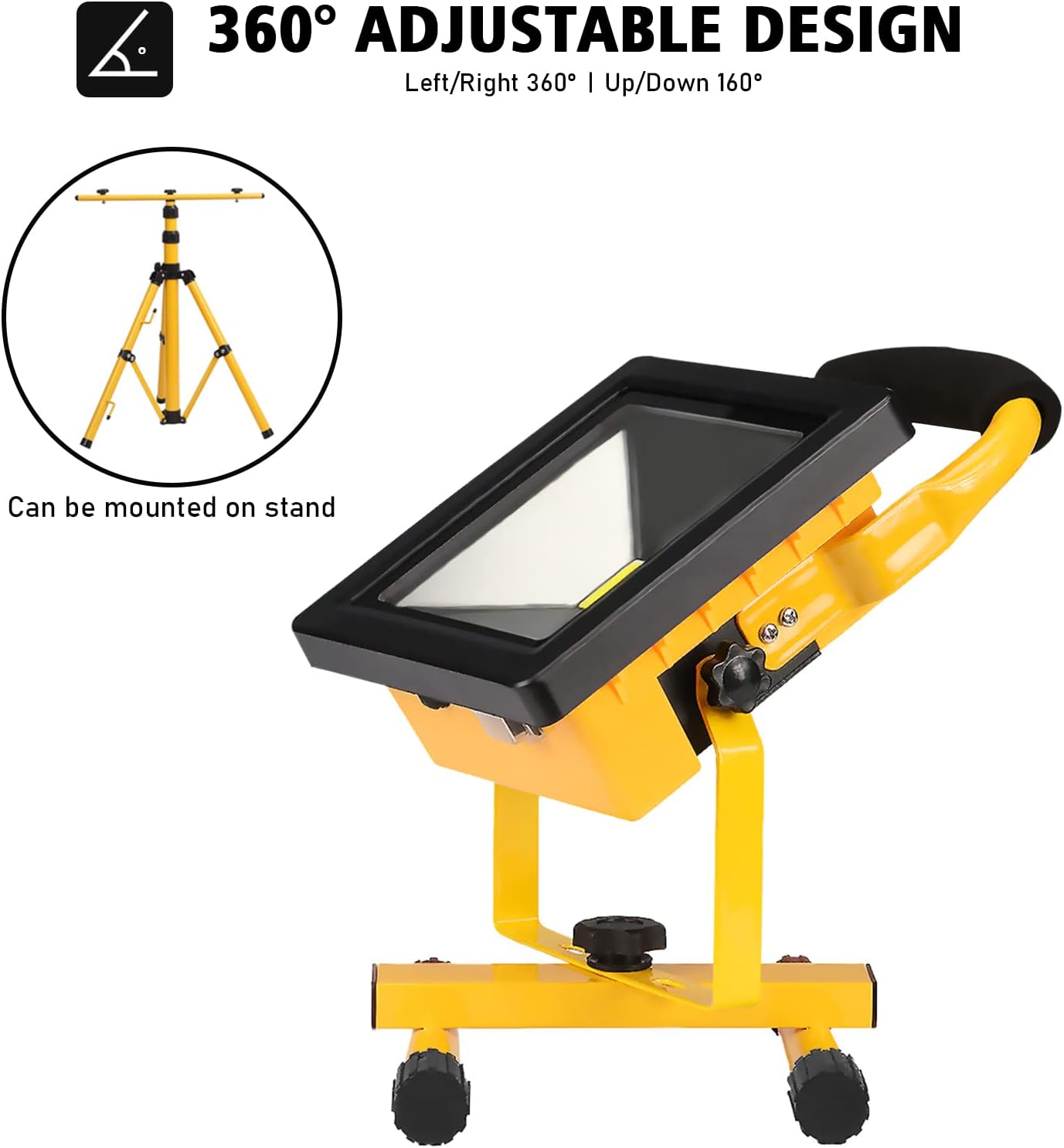 Yellow and black adjustable work light with 360-degree rotation feature on a white background.