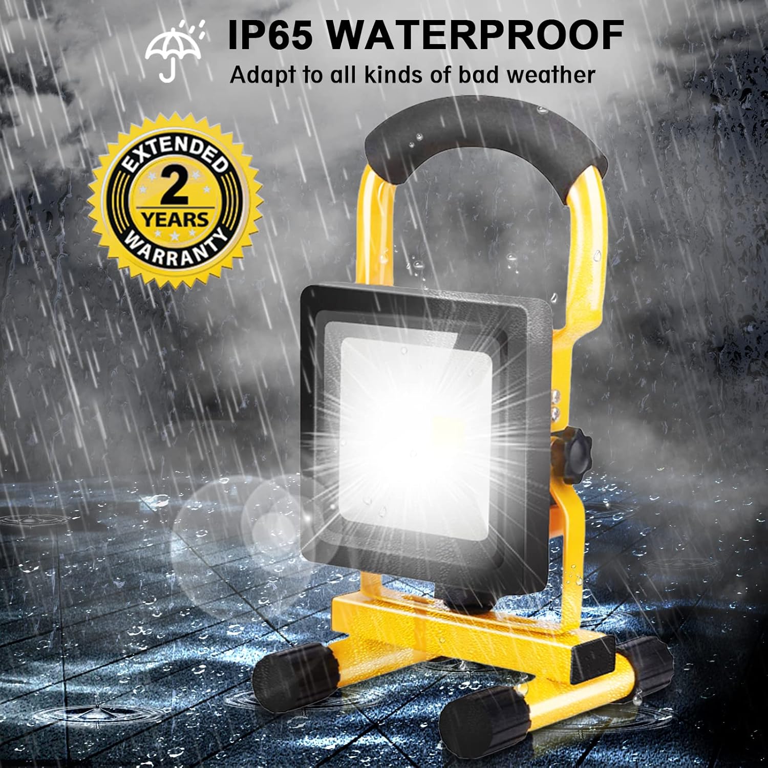 Yellow and black portable work light in rain with waterproof and warranty text