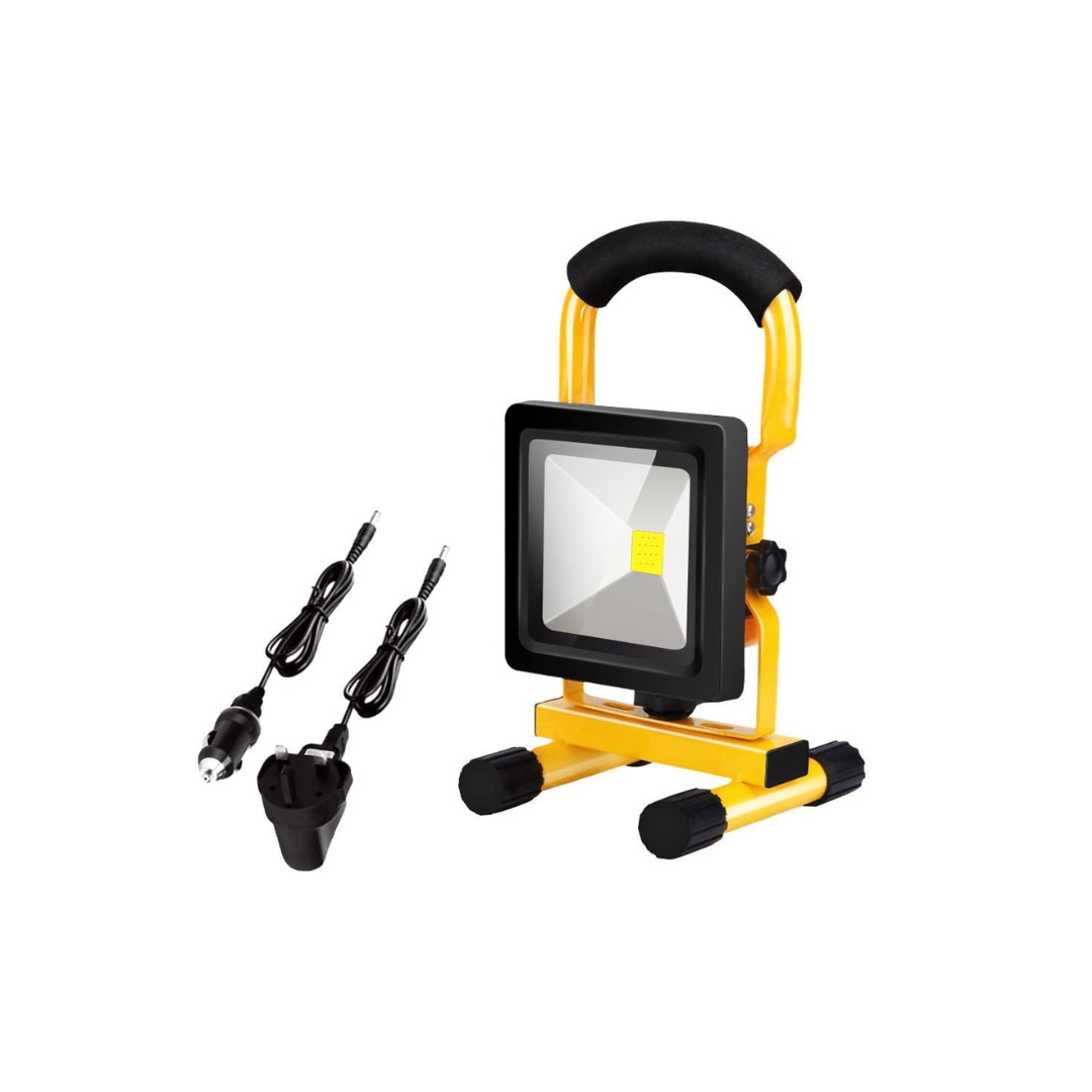 Yellow and black portable work light with cables on a white background