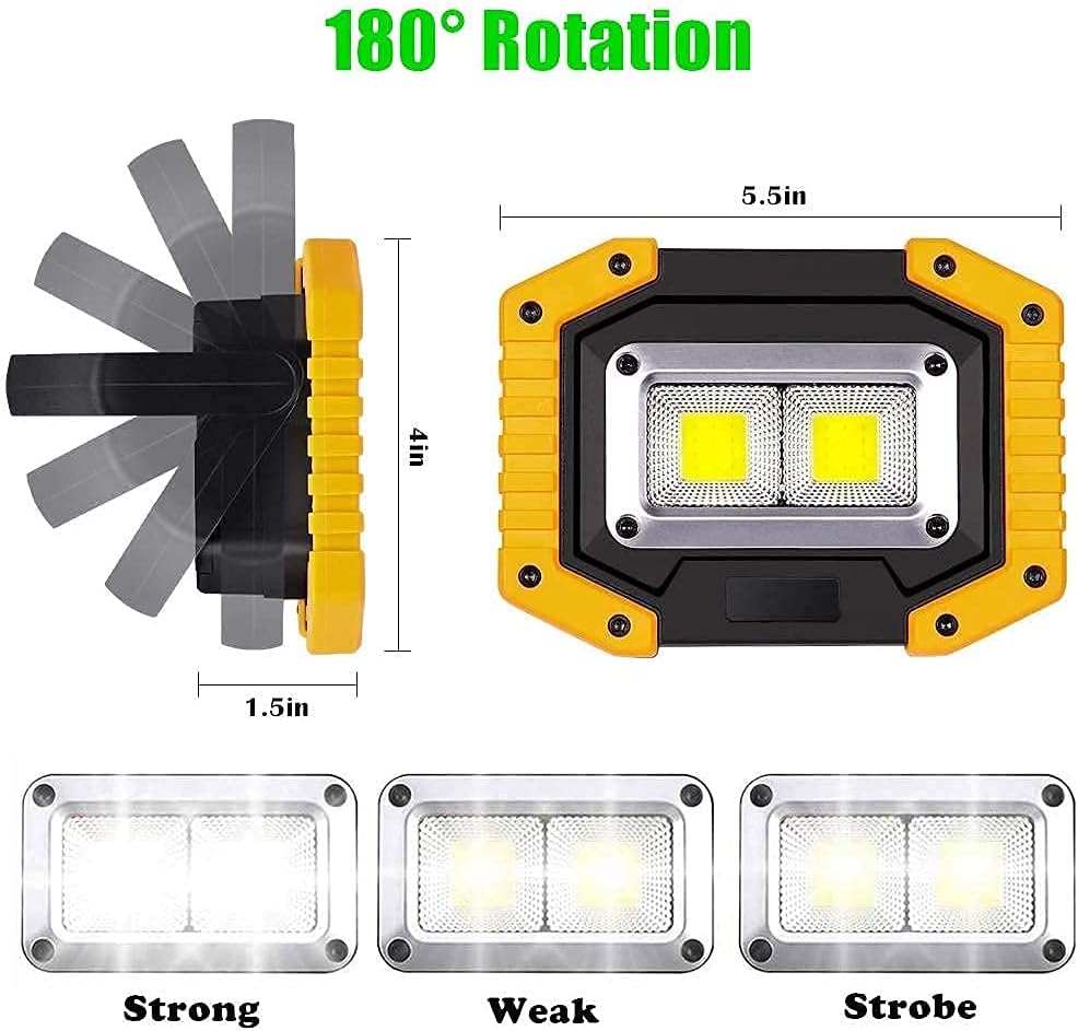 Yellow and black work light with 180-degree rotation feature, dimensions, and light intensity options displayed.