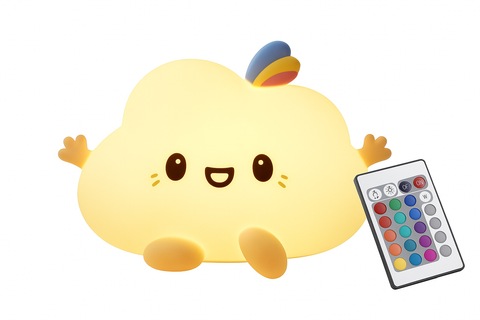 Yellow cartoon-like night light with a remote control on a white background