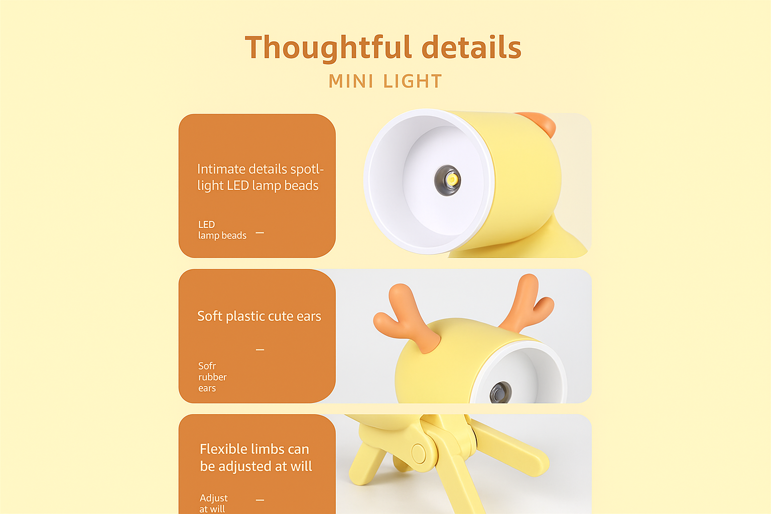 Yellow duck-shaped mini light with features highlighted on a yellow background