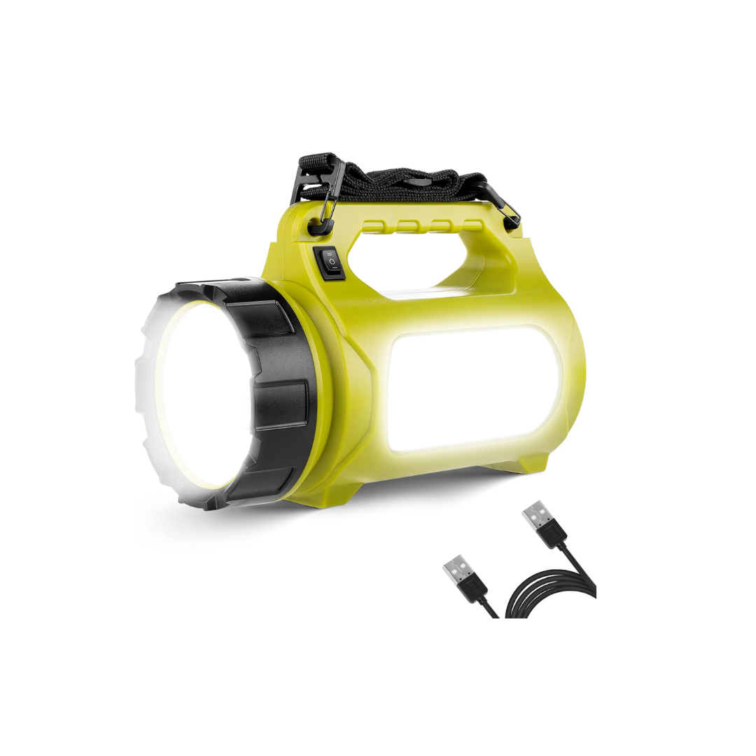 Yellow flashlight with USB cable on a white background