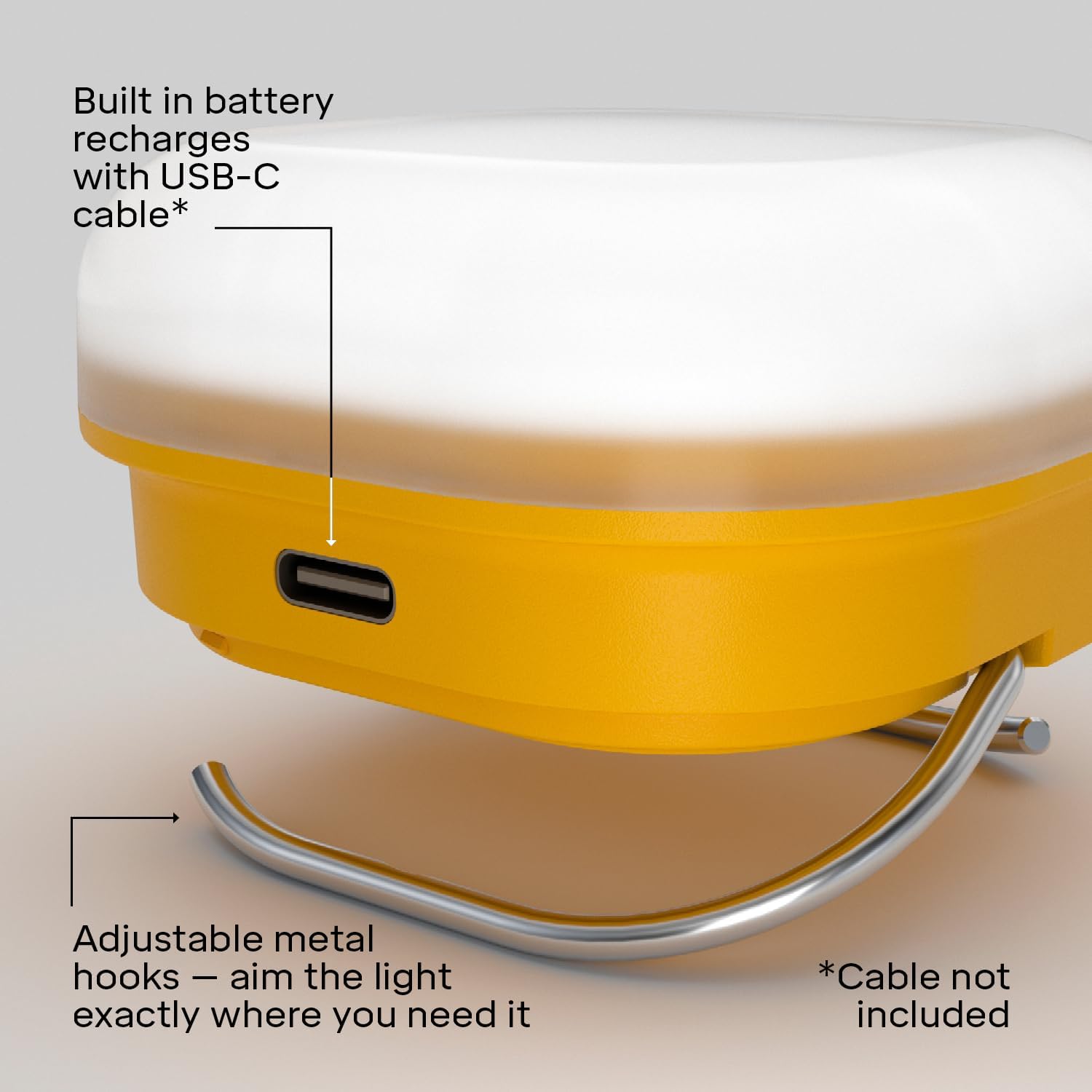 Yellow light fixture with USB-C charging port and adjustable metal hooks on a gray background