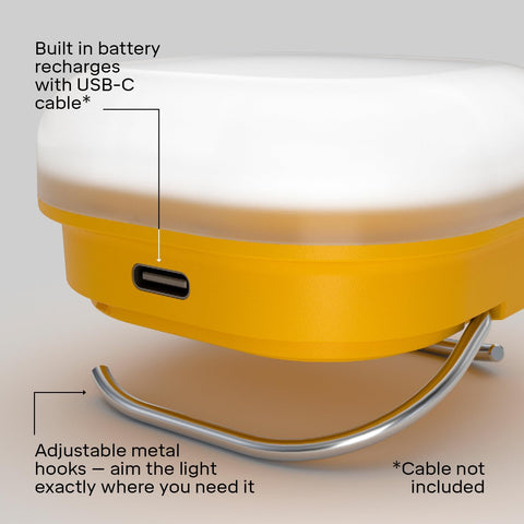 Yellow light fixture with USB-C charging port and adjustable metal hooks on a gray background
