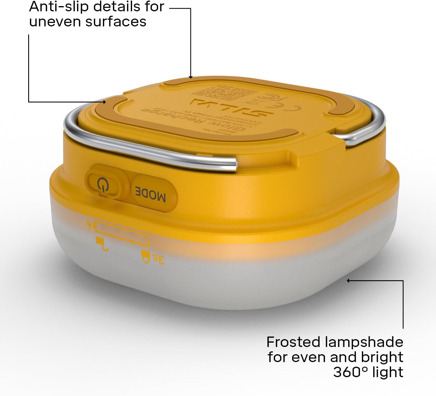 Yellow portable lamp with anti-slip details and frosted lampshade on a white background