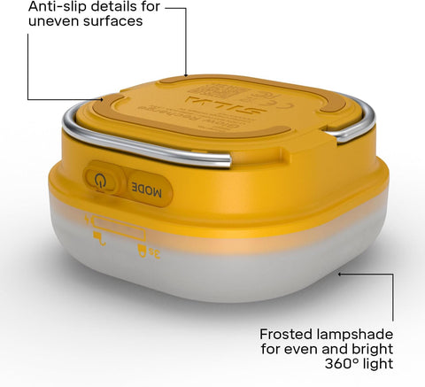Yellow portable lamp with anti-slip details and frosted lampshade on a white background