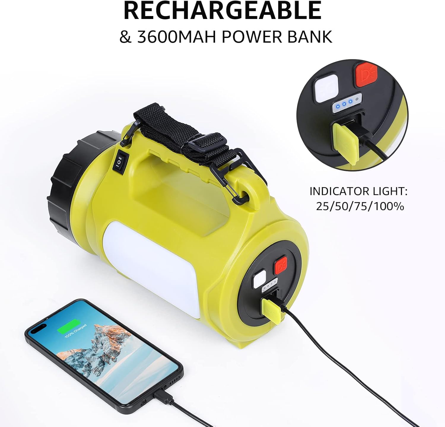 Yellow rechargeable power bank with phone charging cable and indicator light on a white background