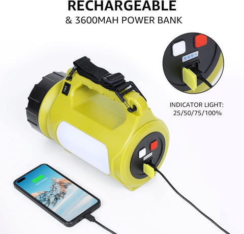 Yellow rechargeable power bank with phone charging cable and indicator light on a white background