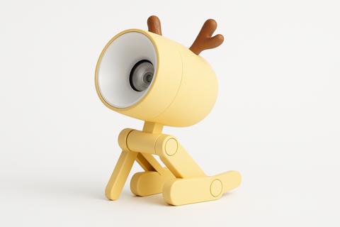 Yellow robot-like creature with a speaker on its head against a white background