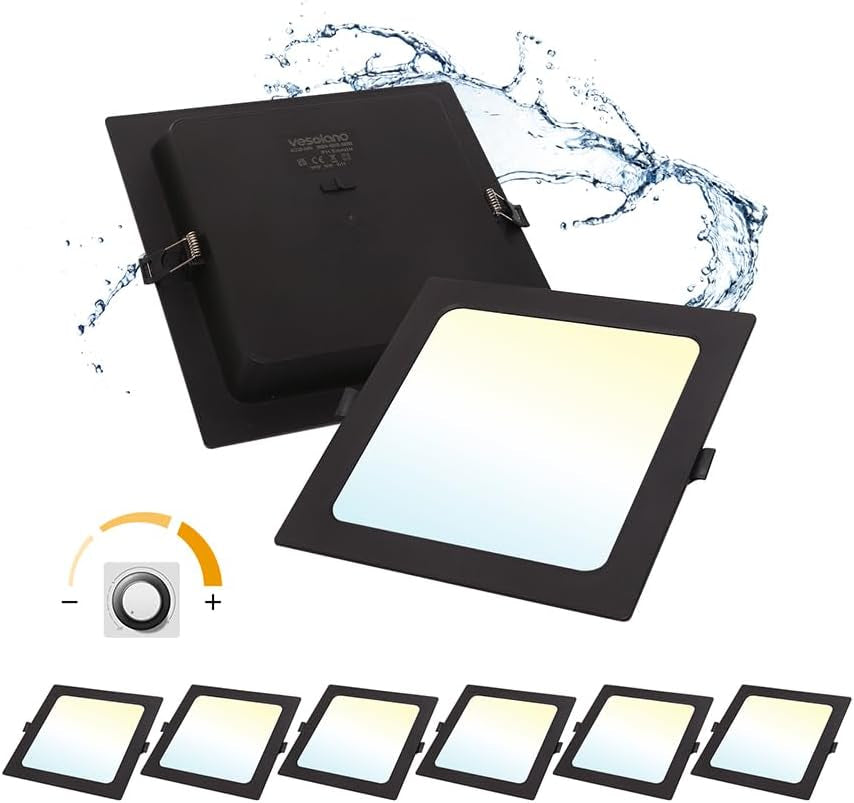 6 Pack Dimmable LED Downlights 18W, 3CCT, Black, Square, Cutout 145-160Mm | LED Spotlight Ceiling 150Mm, 1600LM, IP44, 3000K/4000K/6000K Adjustable, LED Recessed Ceiling Light for Bathroom