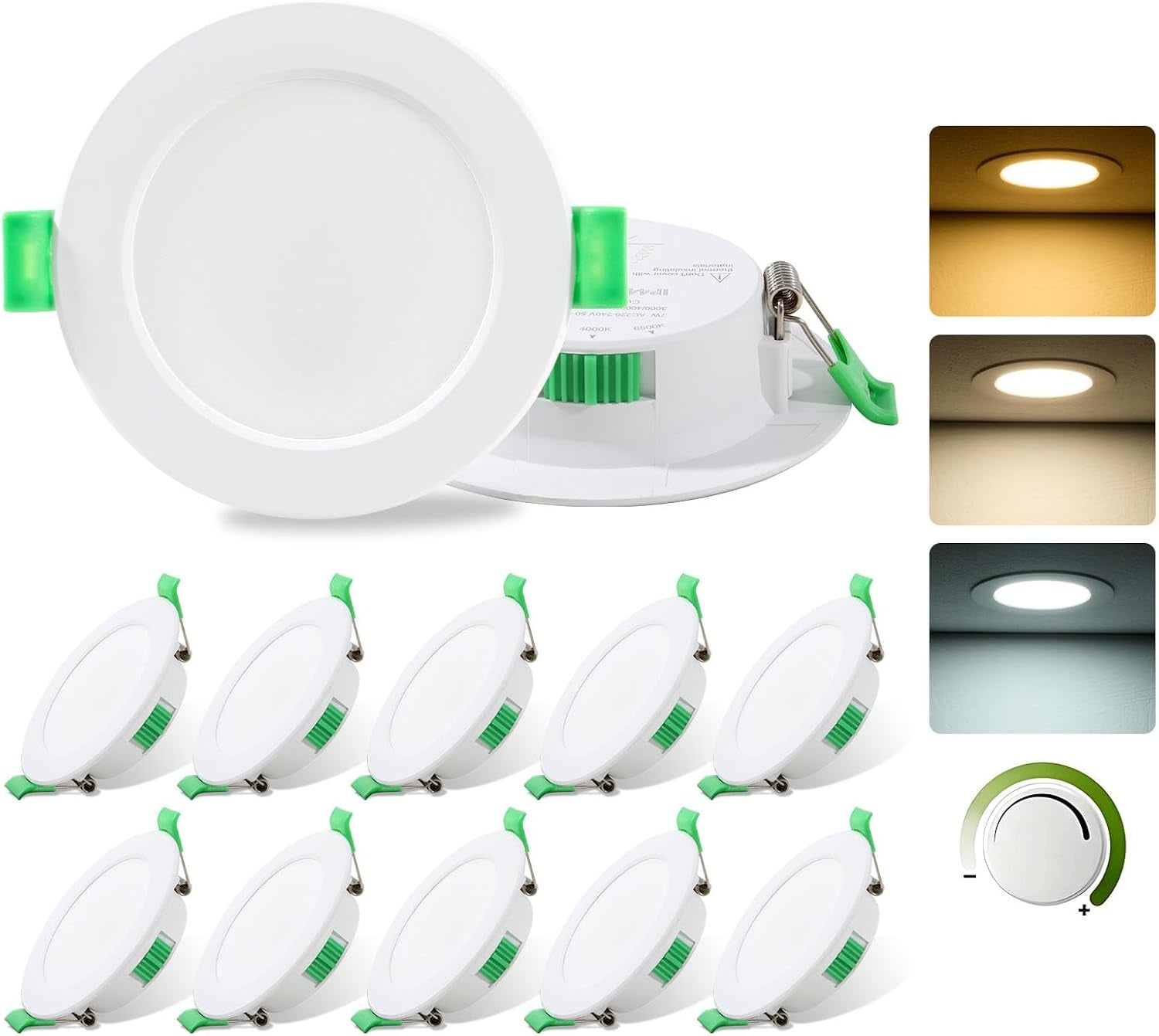 6 Pack LED Downlights for Ceiling 7W 3CCT IP44 Ultra Slim Cut Φ75-85MM | round LED Spot Bathroom Light 600LM, 3000K/4000K/6500K Adjustable, IP44 Recessed Ceiling for Bathroom, Kitchen, Living Room