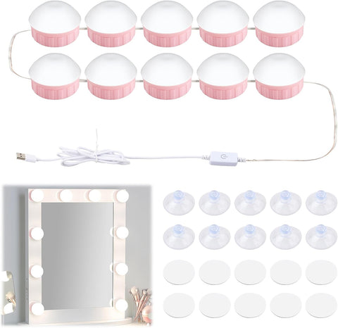Dimmable Vanity Mirror Lights Kits, 10 Bulbs Hollywood Style LED Makeup Lights, 3 Colour Changing & Brightness Adjustable, LED Make up Light for Dressing Table Room, Bathroom, Bedroom (Pink)
