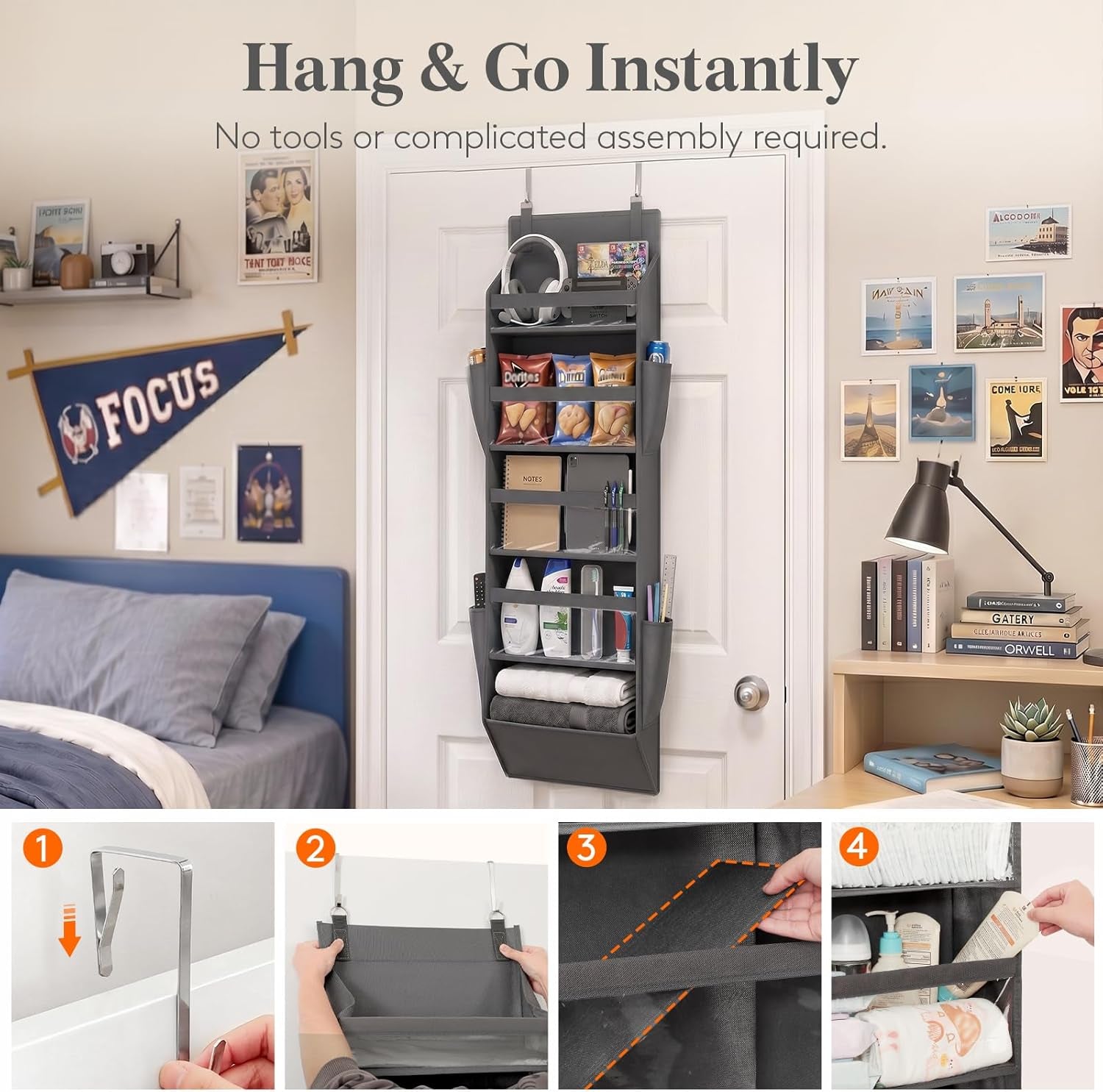 1 Pack over the Door Organiser 5 Section Hanging Storage, Dark Gray