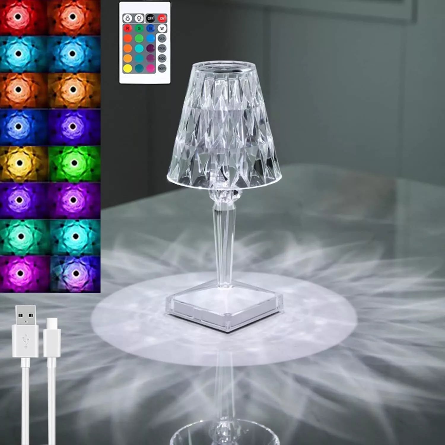 LED RGB Crystal Table Lamp – 16 Colour Modes – Remote Control – USB Rechargeable