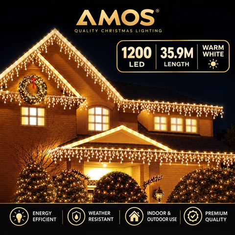 AMOS Christmas Icicle Lights – 1200 LED Warm White Outdoor Christmas Lights with Timer & Memory Function, 35.9m Length, Energy Class A - Turn Your Home Into a Warm Winter Welcome