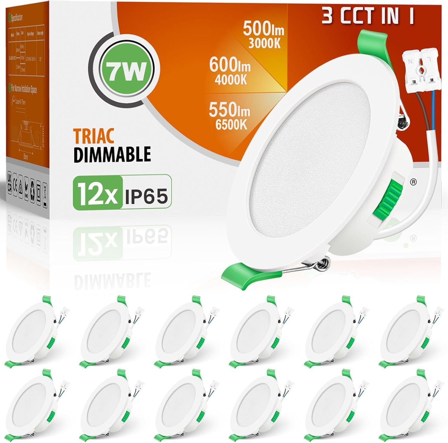 3CCT LED Downlights Ceiling Dimmable 7W IP65 Cutout 67-75MM 6 Pack | Slim Recessed Ceiling Lights, 3000K 4000K 6500K Selectable Bathroom Kitchen Spotlights, round White