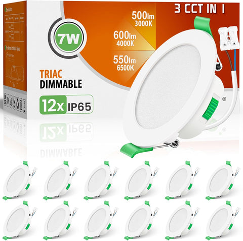 3CCT LED Downlights Ceiling Dimmable 7W IP65 Cutout 67-75MM 6 Pack | Slim Recessed Ceiling Lights, 3000K 4000K 6500K Selectable Bathroom Kitchen Spotlights, round White