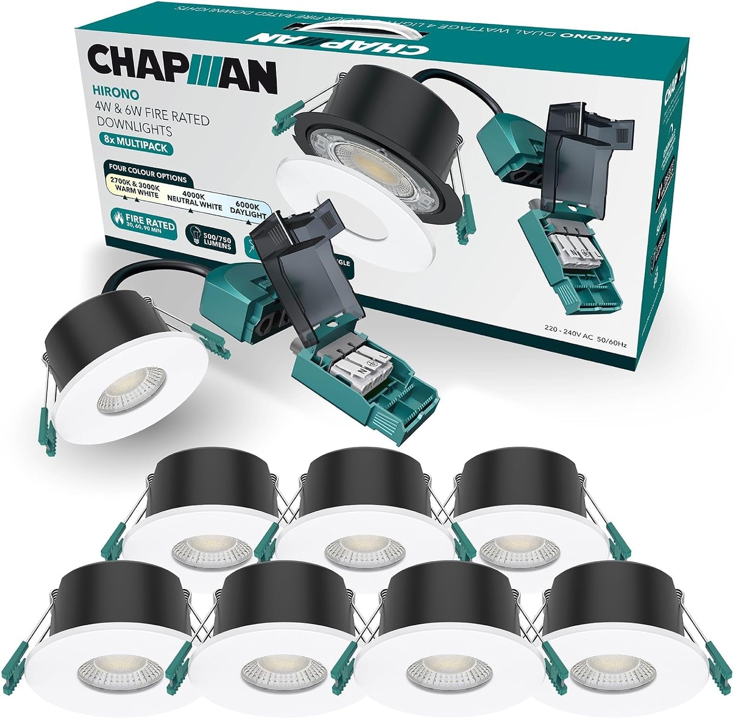 Chapman Hirono Pro 4W & 6W Fire Rated Downlights IP65 White 8 Pack | 4CCT 2700K-6000K, Cool, Neutral or Warm White Waterproof LED Modern Ceiling Light for Bathroom, Kitchen, Bedroom & Living Room