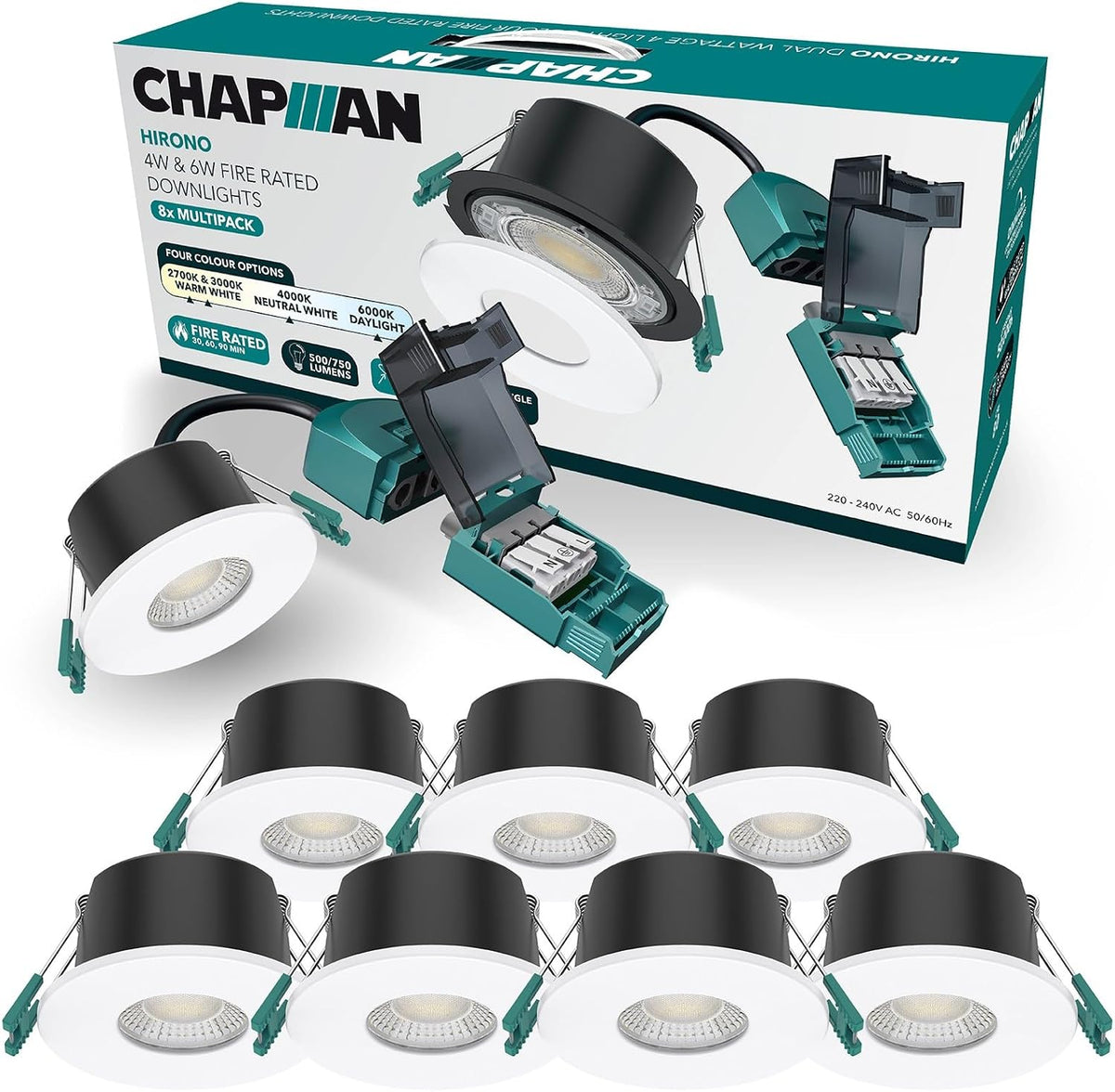 Chapman Hirono Pro 4W & 6W Fire Rated Downlights IP65 White 8 Pack | 4CCT 2700K-6000K, Cool, Neutral or Warm White Waterproof LED Modern Ceiling Light for Bathroom, Kitchen, Bedroom & Living Room