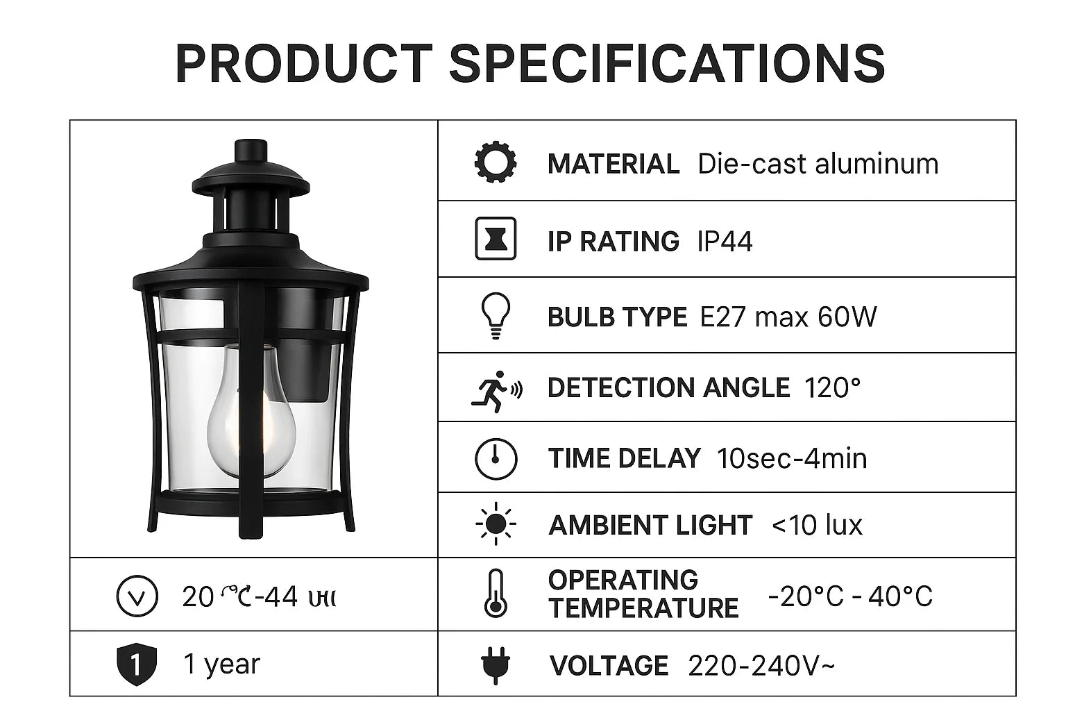 Vintage PIR Motion Sensor Wall Lantern – Black