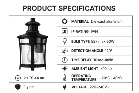 Vintage PIR Motion Sensor Wall Lantern – Black